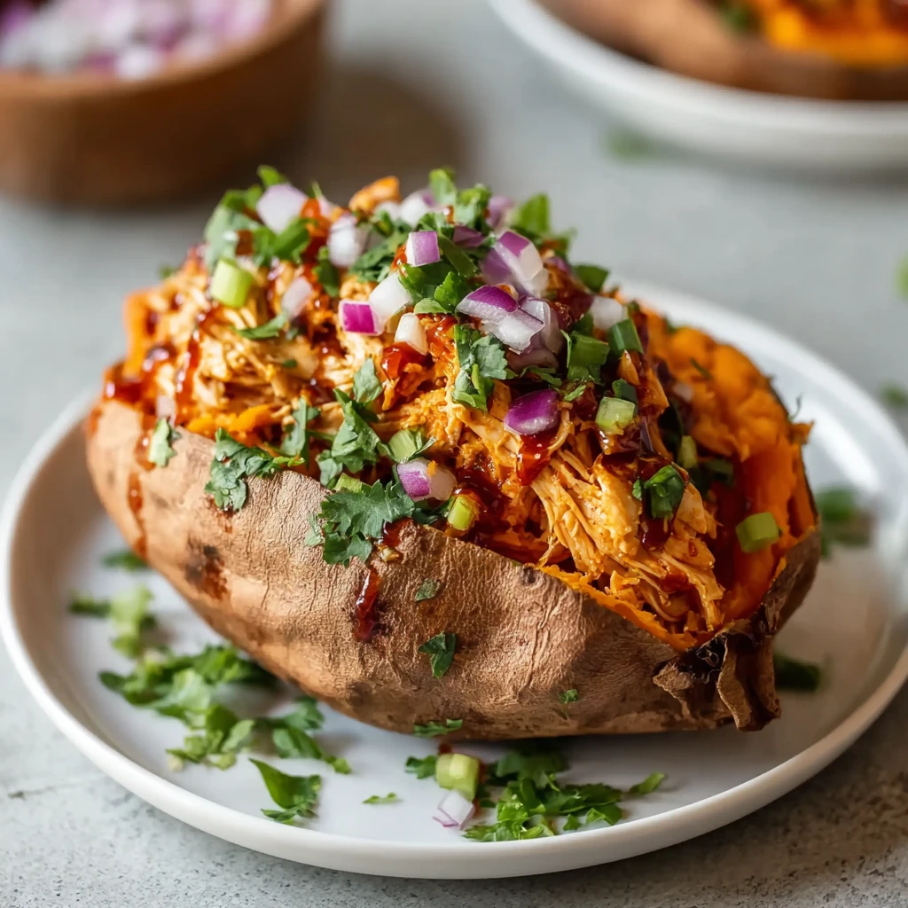 BBQ Chicken Stuffed Sweet Potatoes Recipe Easy BBQ Chicken Stuffed Sweet Potatoes Healthy BBQ Chicken Sweet Potato Recipe ...